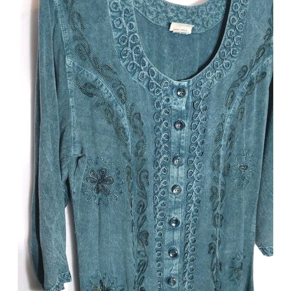 Vintage Stonewashed Maxi Dress One Size Teal Rayon Boho Embroidered Renaissance